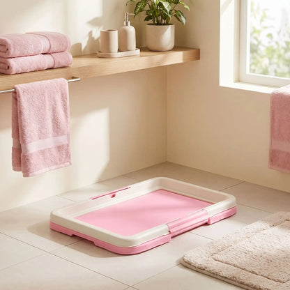 Toilette-pour-chien-chiot-éducateur-apprentissage-propreté, toilette nomade compact rectangulaire en plastique solide et inodore avec réservoir et couvercle clipsable pour bloque les alèses avec pieds antidérapant, espace délimité pour le chien ou le chiot pour race de petite taille-gros plan sur le support toilette hygiénique de couleur rose dans la salle de bains de l'appartement
