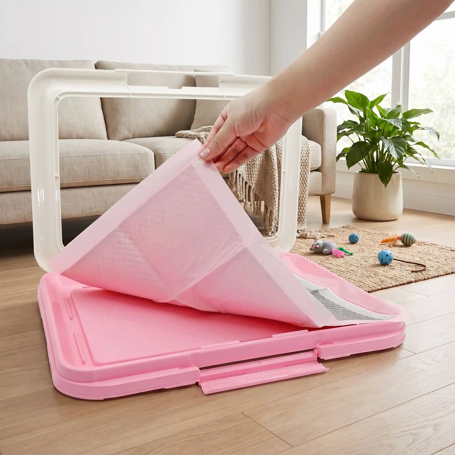 Toilette-pour-chien-chiot-éducateur-apprentissage-propreté, toilette nomade compact rectangulaire en plastique solide et inodore avec réservoir et couvercle clipsable pour bloque les alèses avec pieds antidérapant, espace délimité pour le chien ou le chiot pour race de petite taille-gros plan sur le support toilette de couleur rose ou une propriétaire de chien installe une alèse en soulevant le couvercle pour ensuite bloquer l'alèse en abaissant le même couvercle clipsable pour une sécurité maximale