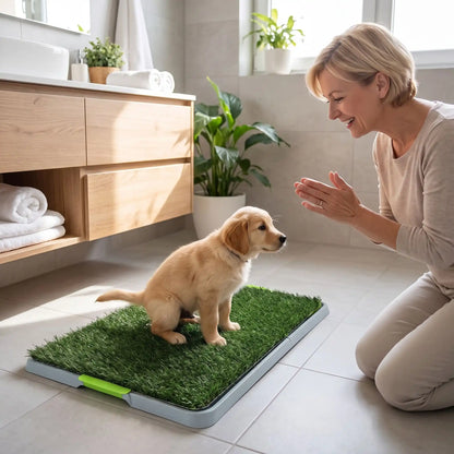 Toilettes-chien-chiot-gazon-antidérapant, 3 couches : un plateau de recueil, une grille anti-odeur, lot de 2 surfaces en pelouse artificielle douces et résistantes, lavable à l'eau et en machine, réutilisable, économique, matériaux écoresponsable et non toxique pour chiot et chien de petite race de 0 à 9 kilos max, utilisation intérieure - un chiot de moyenne race qui fait ses besoins sur les toilettes en gazon sous les encouragement de sa maitresse dans la salle de bain de l'appartement