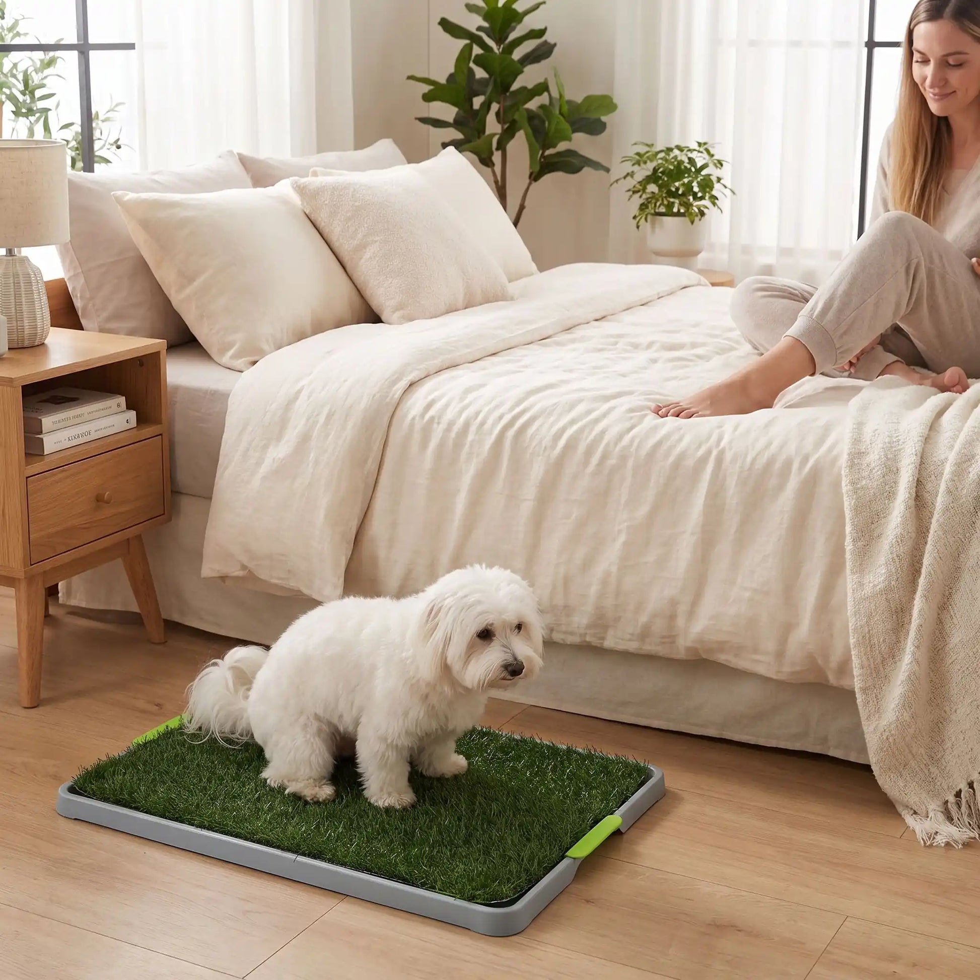 Toilettes-chien-chiot-gazon-antidérapant, 3 couches : un plateau de recueil, une grille anti-odeur, lot de 2 surfaces en pelouse artificielle douces et résistantes, lavable à l'eau et en machine, réutilisable, économique, matériaux écoresponsable et non toxique pour chiot et chien de petite race de 0 à 9 kilos max, utilisation intérieure - un chien de petite race âgé qui fait ses besoins sur les toilettes en gazon sous le regard attendrit de sa maitresse dans la chambre de l'appartement au lever du jour