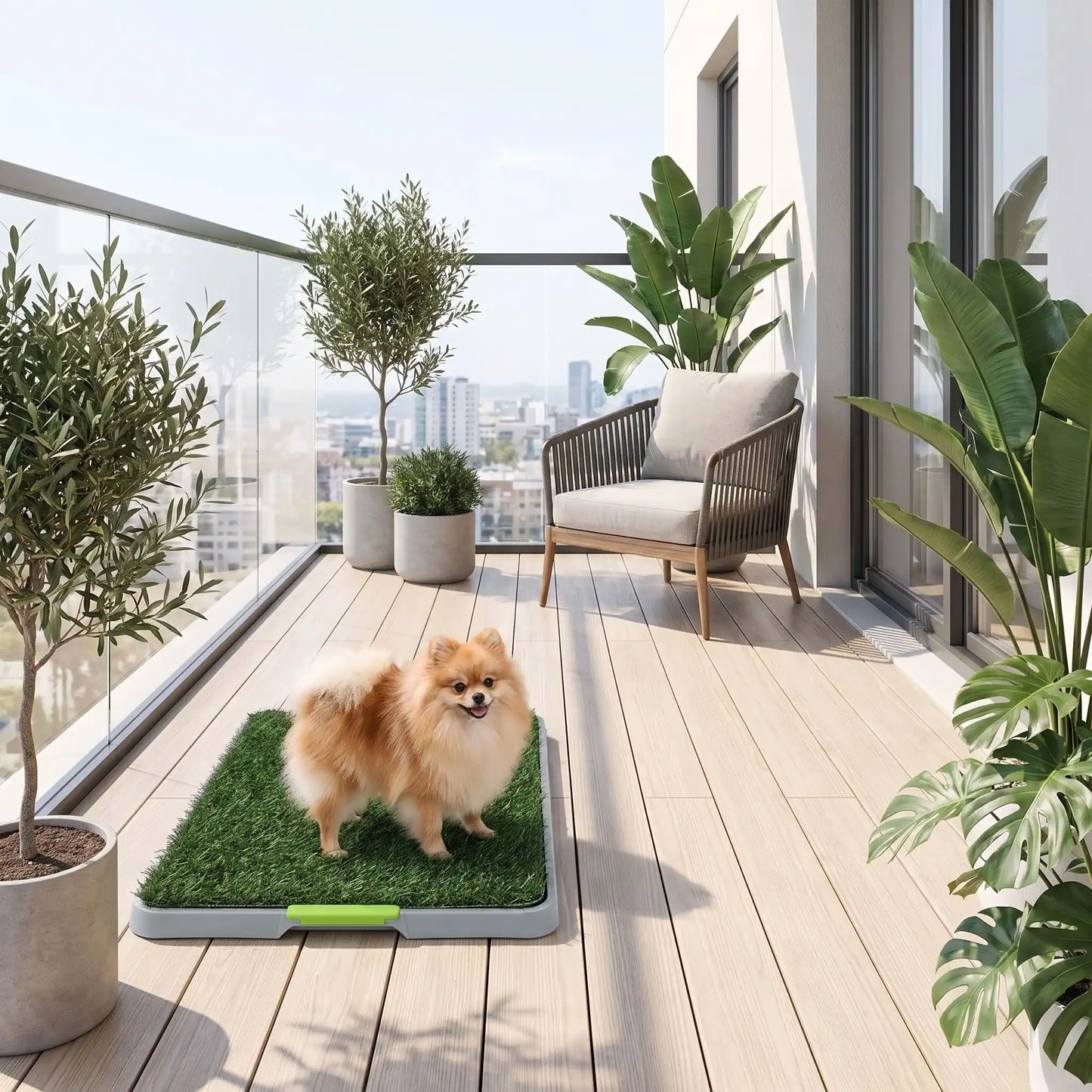 Toilettes-chien-chiot-gazon-antidérapant, 3 couches : un plateau de recueil, une grille anti-odeur, lot de 2 surfaces en pelouse artificielle douces et résistantes, lavable à l'eau et en machine, réutilisable, économique, matériaux écoresponsable et non toxique pour chiot et chien de petite race de 0 à 9 kilos max, utilisation intérieure - un chien de race naine qui fait ses besoins sur les toilettes en gazon sur le balcon de l'appartement en été