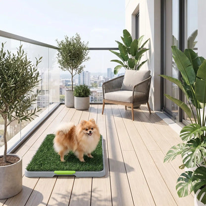 Toilettes-chien-chiot-gazon-antidérapant, 3 couches : un plateau de recueil, une grille anti-odeur, lot de 2 surfaces en pelouse artificielle douces et résistantes, lavable à l'eau et en machine, réutilisable, économique, matériaux écoresponsable et non toxique pour chiot et chien de petite race de 0 à 9 kilos max, utilisation intérieure - un chien de race naine qui fait ses besoins sur les toilettes en gazon sur le balcon de l'appartement en été