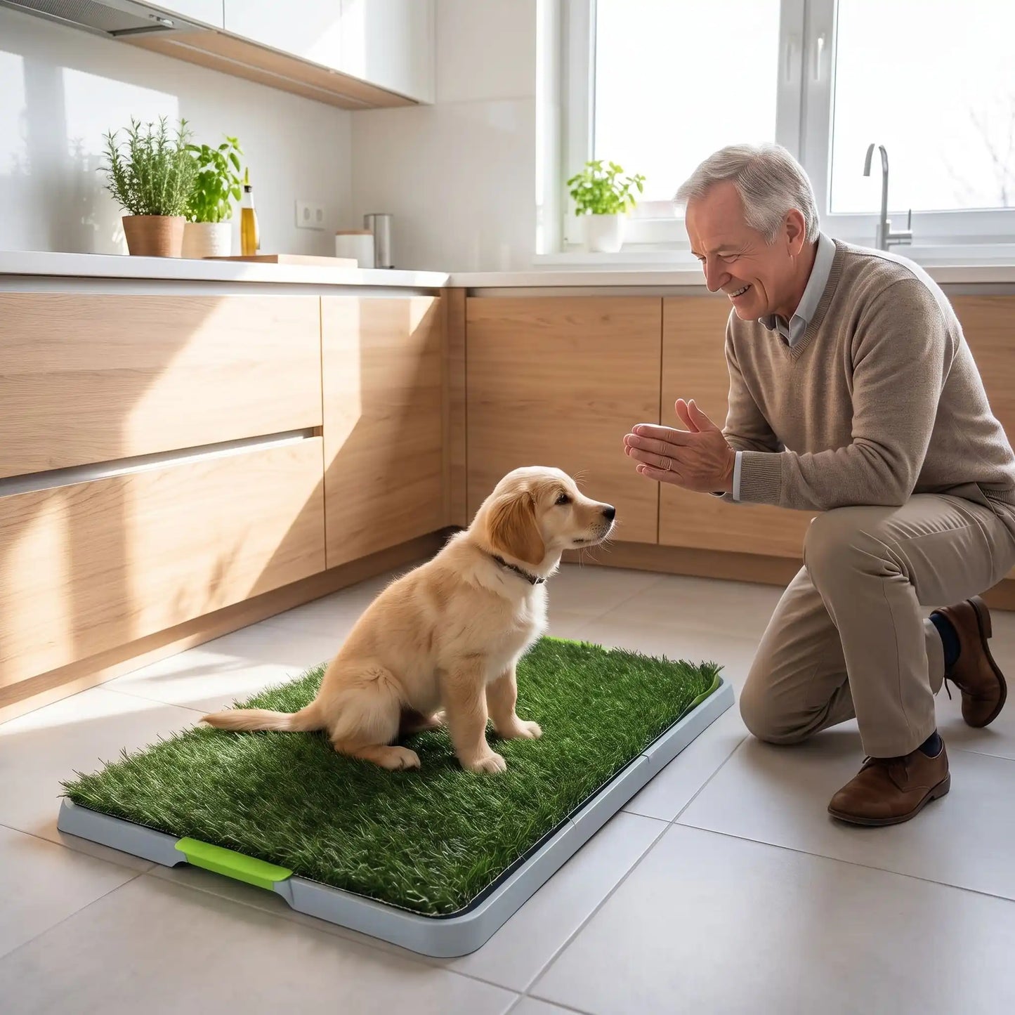 Toilettes-chien-chiot-gazon-antidérapant, 3 couches : un plateau de recueil, une grille anti-odeur, lot de 2 surfaces en pelouse artificielle douces et résistantes, lavable à l'eau et en machine, réutilisable, économique, matériaux écoresponsable et non toxique pour chiot et chien de petite race de 0 à 9 kilos max, utilisation intérieure - un chiot de moyenne race qui fait ses besoins sur les toilettes en gazon sous les encouragements de son maitre dans la cuisine de l'appartement