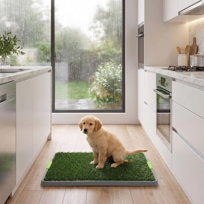 Toilettes-chien-chiot-gazon-antidérapant, 3 couches : un plateau de recueil, une grille anti-odeur, lot de 2 surfaces en pelouse artificielle douces et résistantes, lavable à l'eau et en machine, réutilisable, économique, matériaux écoresponsable et non toxique pour chiot et chien de petite race de 0 à 9 kilos max, utilisation intérieure - un chiot de moyenne race qui fait ses besoins sur les toilettes en gazon hygiènique dans la cuisine de la maison en temps de pluie