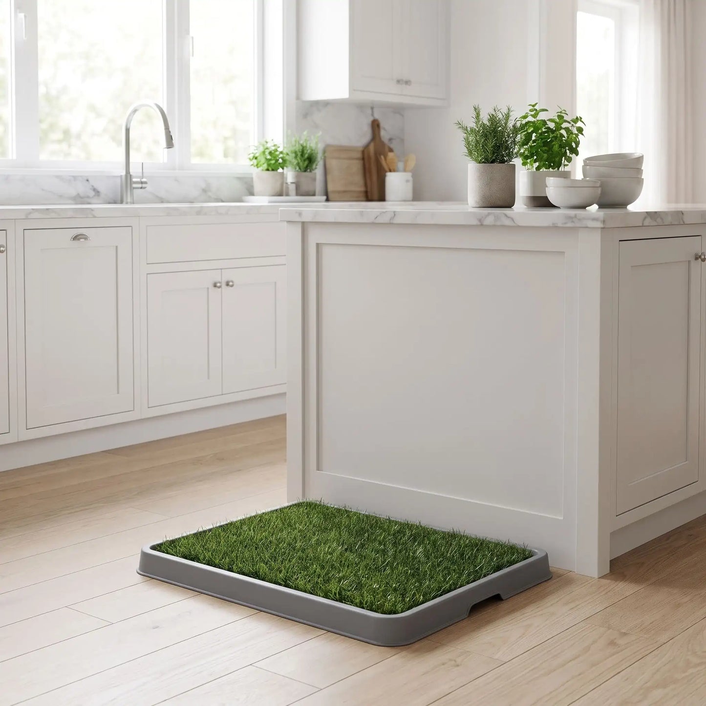 Toilettes-chien-chiot-gazon-antidérapant, 3 couches : un plateau de recueil, une grille anti-odeur, lot de 2 surfaces en pelouse artificielle douces et résistantes, lavable à l'eau et en machine, réutilisable, économique, matériaux écoresponsable et non toxique pour chiot et chien de petite race de 0 à 9 kilos max, utilisation intérieure - gros plan sur les toilettes en gazon économique, réutilisable, décoratif et pratique pour chiot et chien de petite taille de 67 cm de long sur le sol de la cuisine 