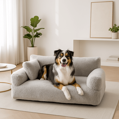 canape-chien-XXL-dehoussable-un Berger Australien couché confortablement sur son canapé-pour-chien-géant-spacieux-confortable-déhoussable-lavable-en-machine-housse-en-velours-doux-et-très-résistant-aux-griffes-morsures dans le salon de l'appartement