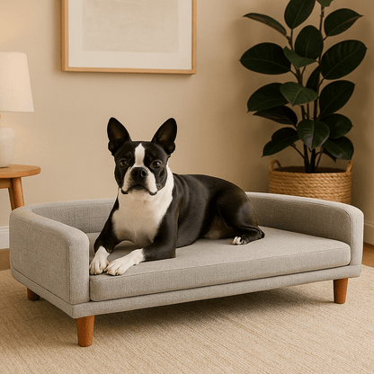 Canapé-pour-chien-sur-pied-design-bois-un petit chien couché confortablement sur son canapé design scandinave avec matelas en mousse 100% coton déhoussable et lavable en machine gris avec pied en bois dans le salon de l'appartement