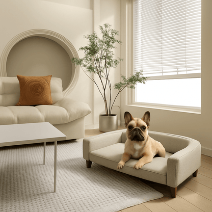 Canapé-pour-chien-sur-pied-matelas-coton-un bouledogue français couché sur le canapé pour chiens de petite à moyenne taille avec matelas en mousse coton épaisse déhoussable et lavable en machine avec dossier et accoudoirs entourant et anti-anxiété de couleur gris dans le salon moderne de l'appartement