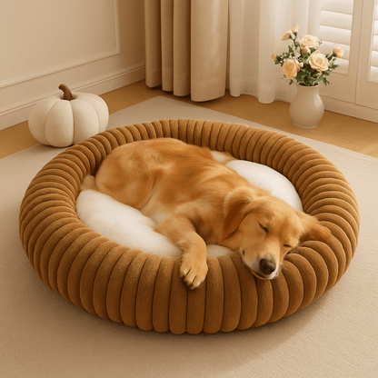 Coussin-pour-chien-xl-coton-velours-en forme de beignet lavable en machine, épais et moelleux, douillet, chaud et respirant-un golden retriever couché de tout son long dans le grand coussin 100% coton haute densité ergonomique et lavable en machine dans le salon douillet de la maison