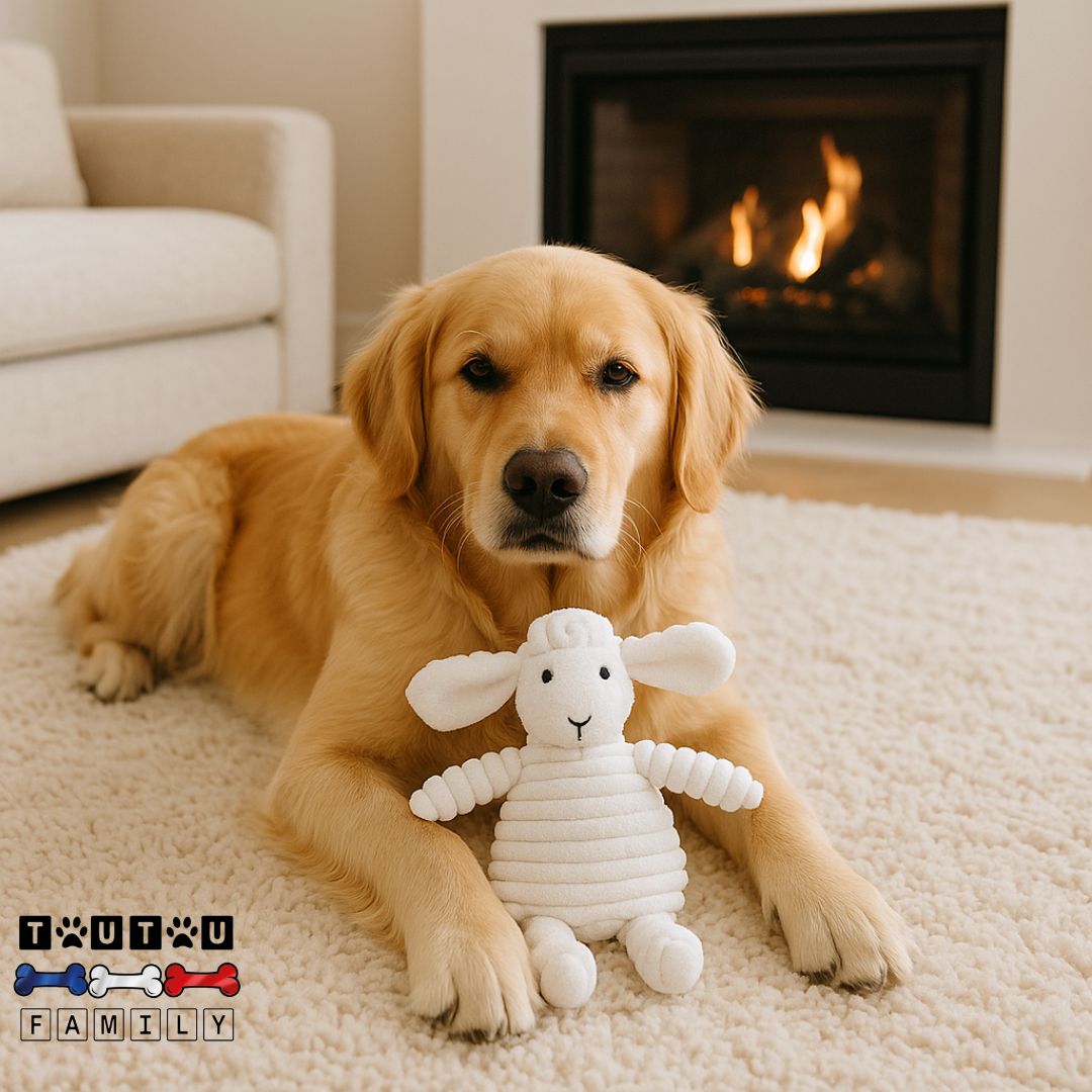 doudou-pour-chien-anti-anxiété-jouet-à mâcher pour chien, chiot un labrador beige qui tient sa peluche mouton entre ses pattes couché sur la moquette du salon