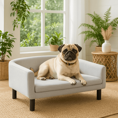 Fauteuil-pour-chien-chiot-design-un bouledogue français couché confortablement sur son canapé design gris avec pied et structure robuste en bois dans la véranda de la maison