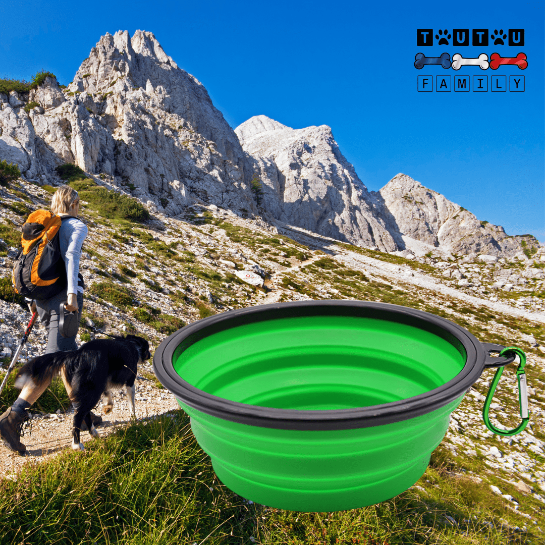 Gamelle-pliable-chien-compacte avec mousqueton, vendues par lot de deux, robuste et solide et lavable en lave-vaisselle, disponible en 3 modèles : 350ml, 1L, 1,5L pour chien de toutes tailles, pour utilisation en voyage, à l'exterieur, en sortie, en promenade pour croquette, nourriture ou eau-une maitresse et son chien en randonnée dans la montagne avec les gamelles pliables vertes accrochées par le mousqueton sur son sac à dos
