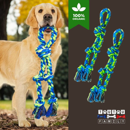 Jouet-pour-chien-indestructible-corde-avec-poignée-bleue-u-grand-chien-qui-tient-dans-ses-crocs-une-corde-bleu-100%-coton-épaisse-et-solide