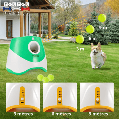 Lance-balle-automatique-pour-chien-3 longueurs réglables : 3/6/9 mètres avec 3 balles de tennis ⌀5 cm pour chien fournies, compatibles avec balles du même diamètre, de couleur blanc et vert, avec sa prise USB, détecteur de mouvement avec lancer automatique, jouet interactif transportable avec sa poignée compact et autonome pour chiot et chien de petite race- gros plan sur le lanceur automatique de couleur blanc et vert clair avec ses 3 balles de tennis  éjectée à 3 mètres, à 6 mètres et 9 mètres