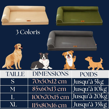 lit-chien-orthopédique-canapé-guide-des-tailles-4 tailles disponibles S-M-L-XL pour petit à grand chien jusqu'à 35 kg