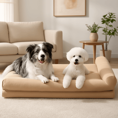 lit-canapé-chien-traversin-orthopédique-lavable-deux chiens, un de taille moyenne et un de petite taille installé et couché confortablement sur le grand lit xxl déhoussable résistant aux griffes et morsures,lavable en machine dans le salon cosy de la maison