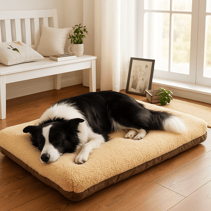 lit-chien-coussin-chien-moyen-déhoussable et lavable en machine -100% imperméable-rembourrage 100% coton PP hypoallergénique-un Border collie qui dort paisiblement couché sur le flanc sur le lit rectangulaire avec housse douce en suédine réversible pour un lit 4 saisons dans son salon