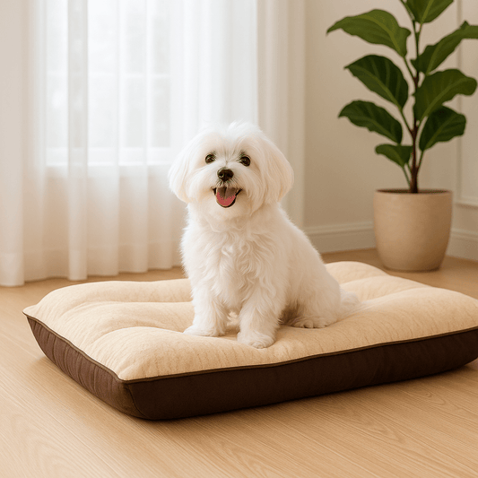 lit-chien-coussin-petit-et-moyen-chien-un chien confortable sur son lit rectangulaire rembourré comme un grand oreiller au rembourrage 100% coton PP avec une housse en suédine douce et tissu oxford imperméable pour chien jusqu'à 20 kg