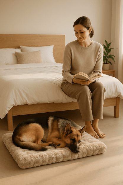 lit-chien-xxl-coussin-rectangulaire-antidérapant-déhoussable imperméable et lavable en machine-un berger allemand qui dort en boule dans son grand lit, son lit posé à côté du lit de son maitre qui le regarde avec amour et un petit sourire de son lit en tenant un livre ouvert dans la chambre à coucher de la maison
