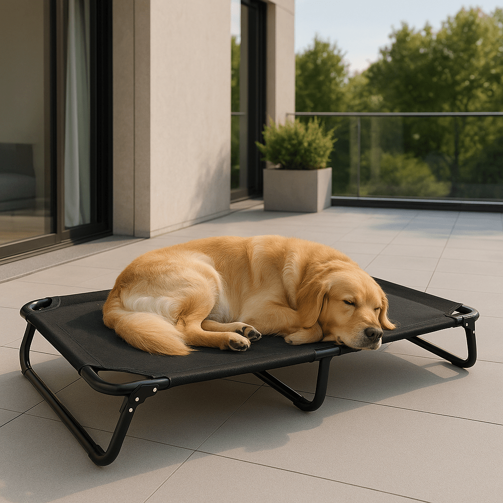 Lit-pour-chien-surélevé-pliable-antidérapant-structure et pied acier inoxydable anti-rayure-avec poignée de transport-maille respirante-ultra-résistante-ergonomique pour un soutien optimal qui protège sa colonne vertébrale et ses articulations-polyvalent-intérieur et extérieur-100% imperméable-un grand chien à poils longs qui dort paisiblement sur son lit de camp noir aéré et hygiénique lavable sur la terrasse de l'appartement