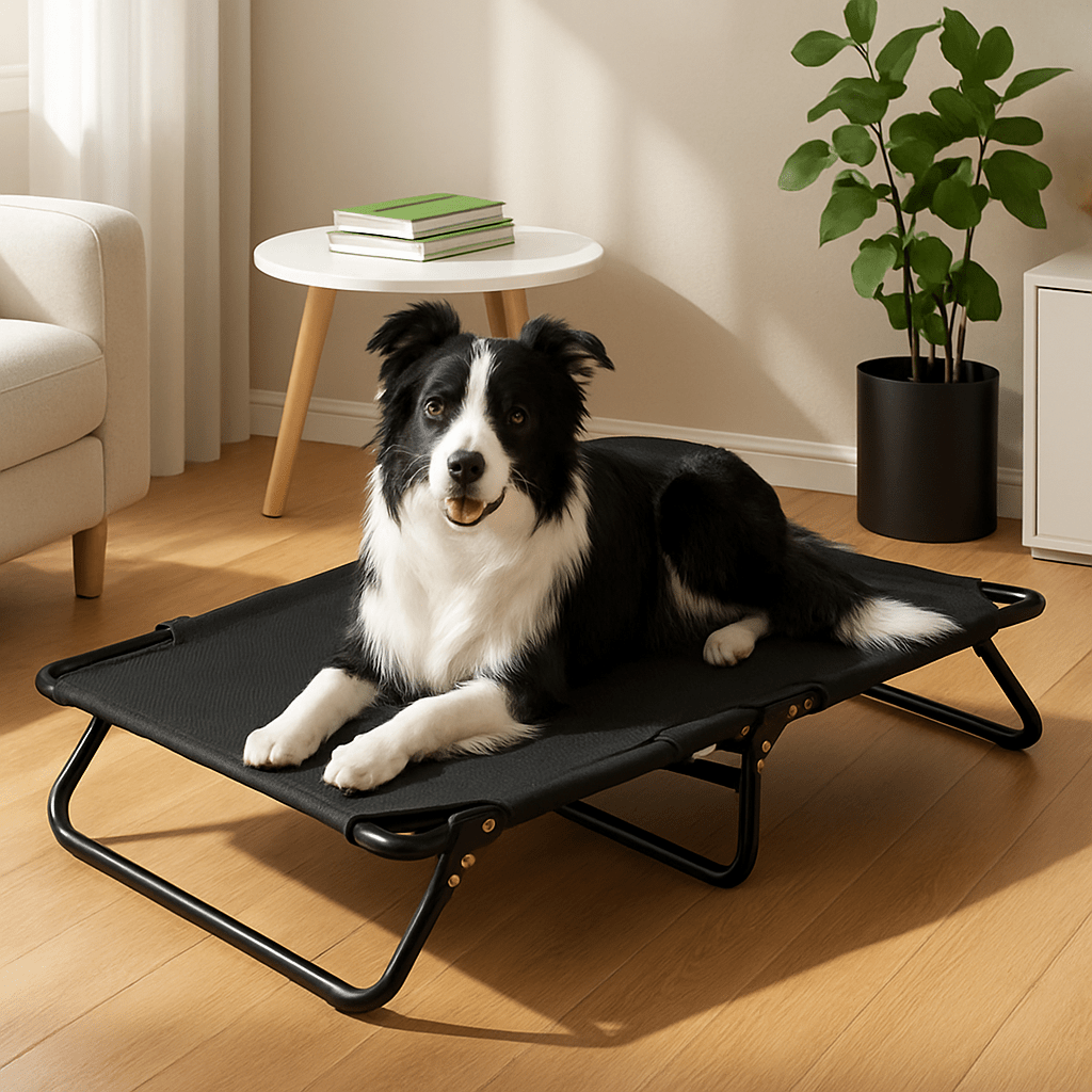 Lit-pour-chien-surélevé-pliable-antidérapant-structure et pied acier inoxydable anti-rayure-avec poignée de transport-maille respirante-ultra-résistante-ergonomique pour un soutien optimal qui protège sa colonne vertébrale et ses articulations-polyvalent-intérieur et extérieur-100% imperméable-un chien à longs poils couché confortablement sur son lit de camp noir aéré et hygiénique lavable dans le salon de l'appartement en été