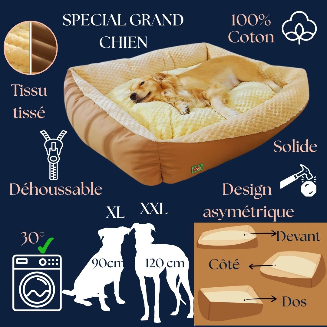 lit-pour-chien-xxl-panier-caracteristiques-2tailles disponible XL et XXL-dimensions détaillées jusqu'à 120 cm pour grand et très grand chien avec poids de chien-déhoussable-tissu 100% coton tissé solide et résistant-lavable en machine rembourrage 100% coton-design asymétrique avec rebord devant rebord sur le côté et grand rebord dans le dos