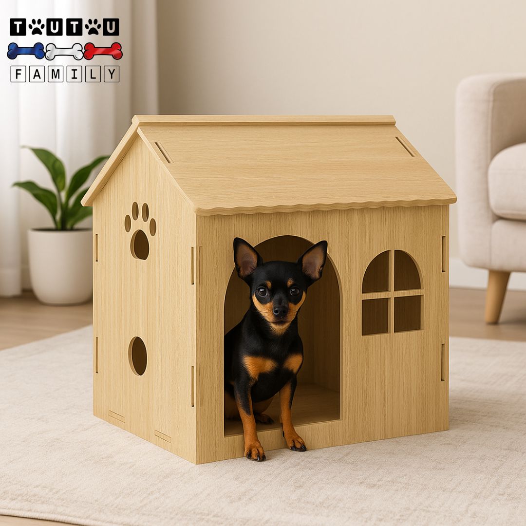 maison-interieure-pour-chien-chiot-un pinscher nain assis à la porte de la niche en bois de chêne naturel recyclable et écoresponsable, ventilation optimal grâce aux multiples ouvertures pour une bonne aération et hygiénique écologique dans son salon douillet -niche en bois pour petit chien  
