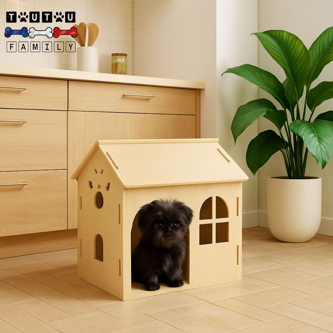 maison-intérieure-pour-chien-niche-un chiot confortablement installé dans sa niche en bois de chêne naturel avec toit-fenêtre et aération intégré en panneau robuste MDF -lavable et écoresponsable pour chiot et chien de petite taille