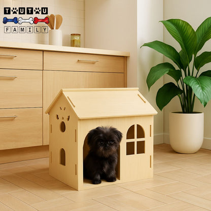maison-intérieure-pour-chien-niche-un chiot confortablement installé dans sa niche en bois de chêne naturel avec toit-fenêtre et aération intégré en panneau robuste MDF -lavable et écoresponsable pour chiot et chien de petite taille