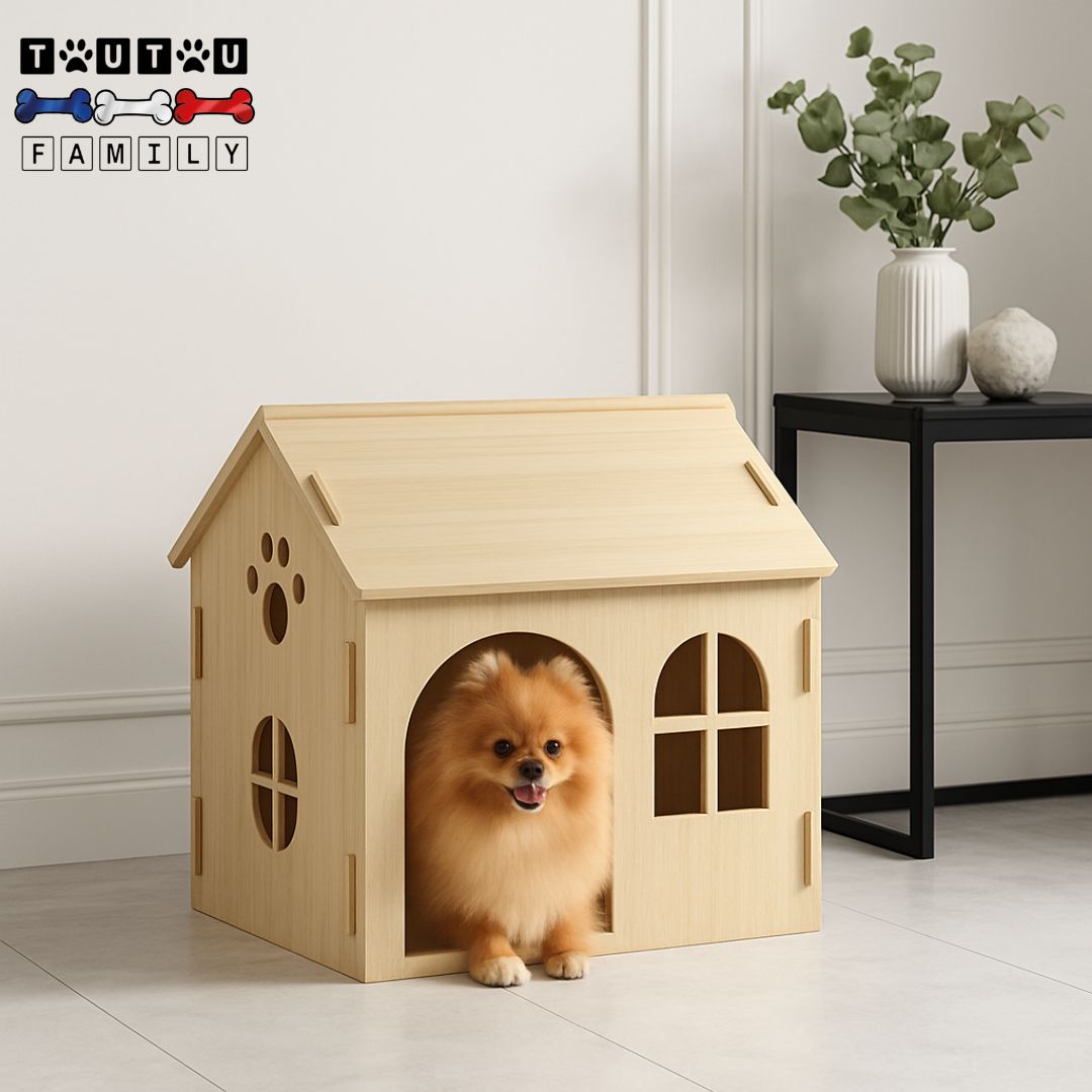 maison-intérieure-pour-chien-petite-taille-un pékinois couché dans sa niche en bois de chêne naturel avec toit fenêtre et ouverture arrondie et design de pattes de chien pour une ventilation optimal et hygiène irréprochable dans la cuisine moderne de sa maison