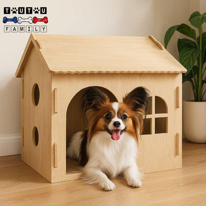 maison-intérieure-pour-chien-un épagneul-papillon-heureux et couché confortablement dans sa niche en bois de chêne naturel avec grande entrée et aération optimal par des ouvertures en design rond et patte de chien latéral et une fenêtre devant