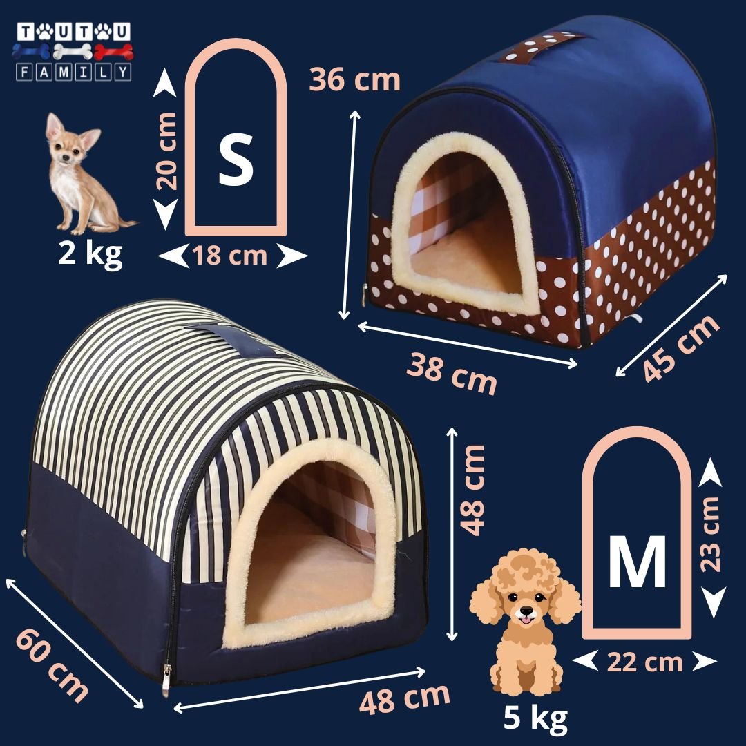 Niche-chien-interieur-avec-coussin-guide-des-tailles-2-tailles-S-pour-chien-jusqu'à-2kg-taille-M-pour-petits-chiens-jusqu-à-5kg-dimensions-détaillées
