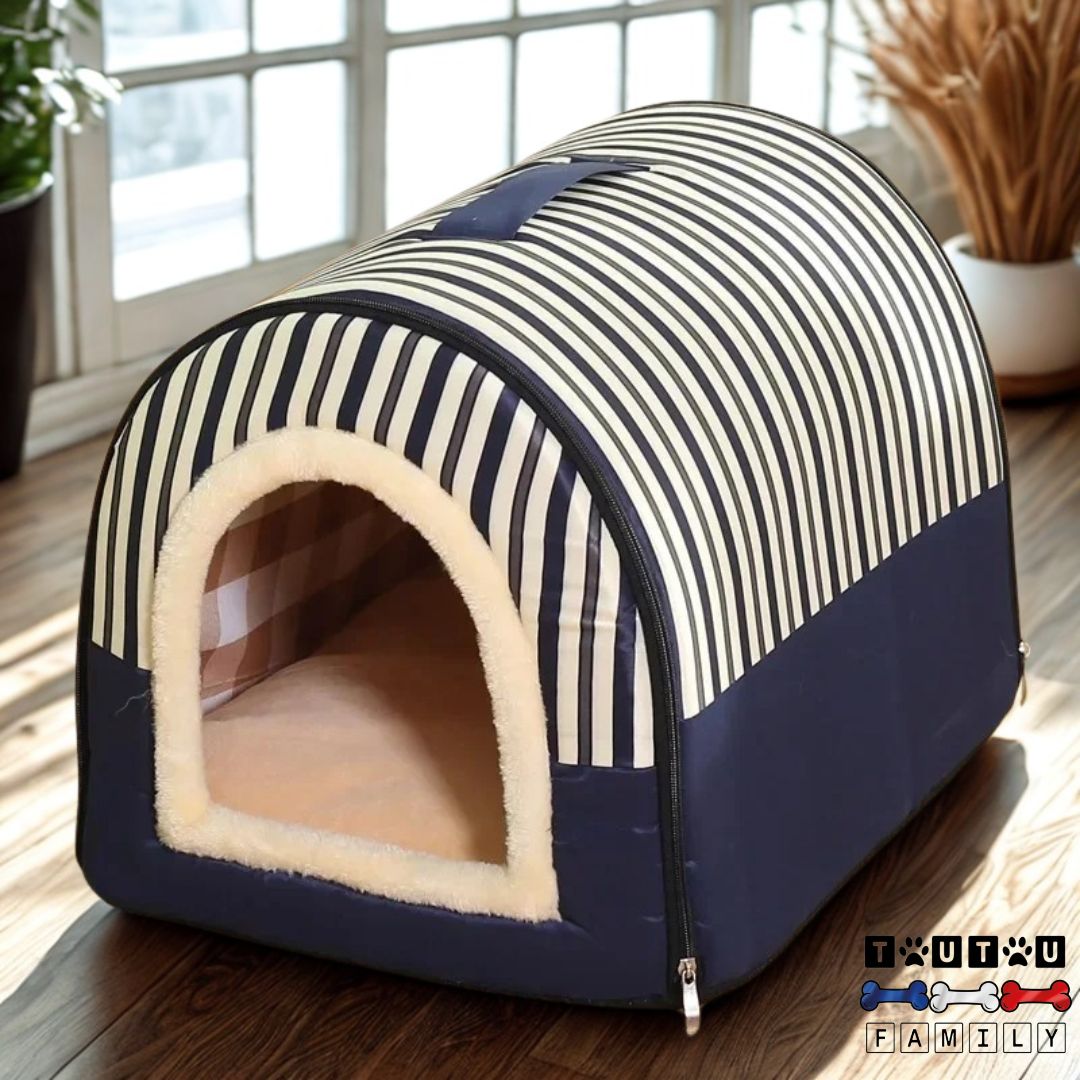 Niche-chien-interieur-avec-coussin-amovible-bleu-raye-design-marin-avec-son-coussin-100%-coton-lavable-structure-100%-imperméable-fond-antidérapant-pour-la-maison-en-transport-en-voyage-légère-et-pliable