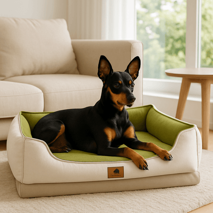 panier-petit-chien-anti-stress-orthopédique-déhoussable et lavable en machine-100% imperméable et résistant aux griffes-avec rebords rembourrés 100% coton haute densité-design-un chien nain couché confortablement dans son panier ergonomique et apaisant dans le salon de la maison