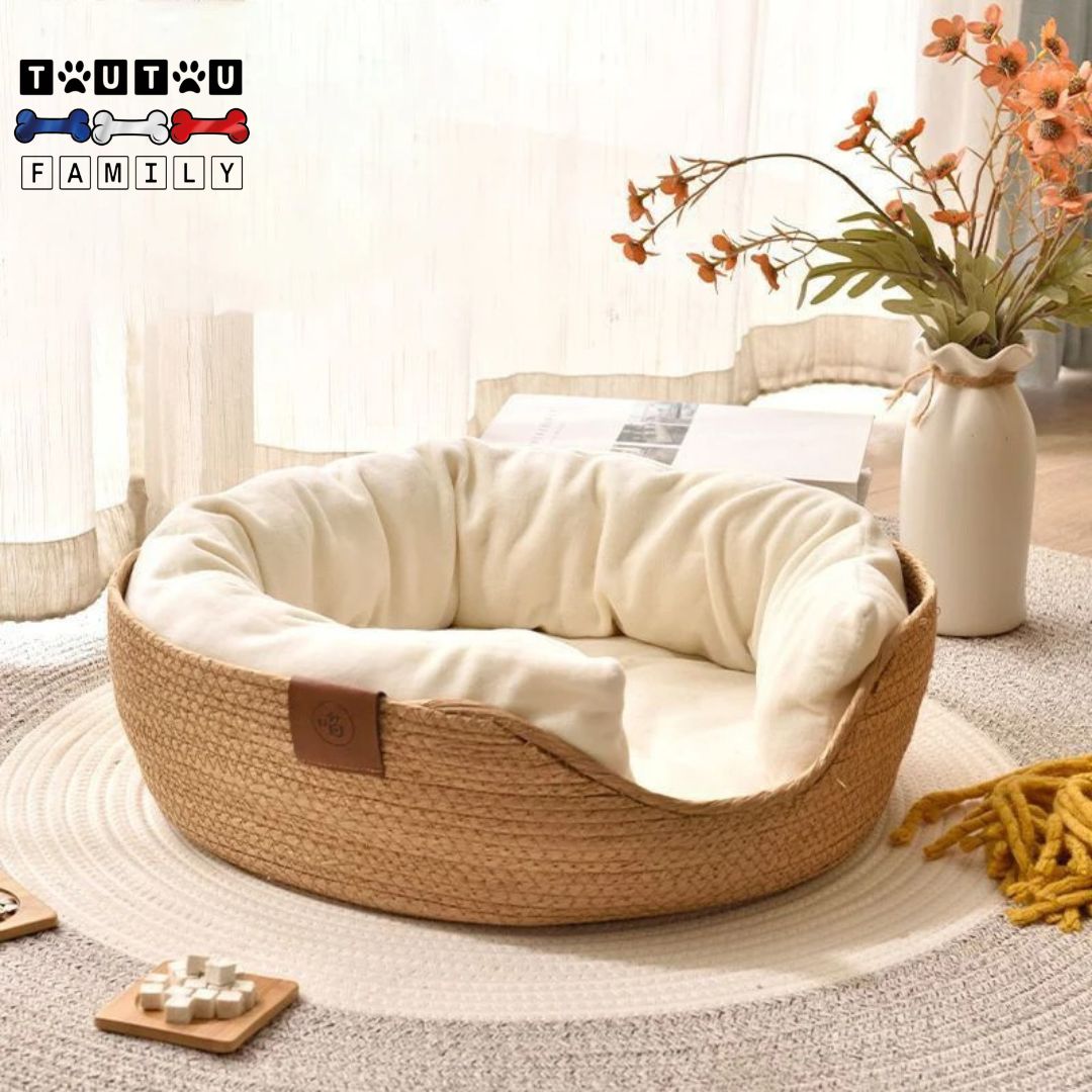 Panier-petit-chien-osier-tisse-main-avec-coussin-et-traversin-rembourré-100%-coton-pour-chien-nain-chihuahua-jusqu-à-3kg