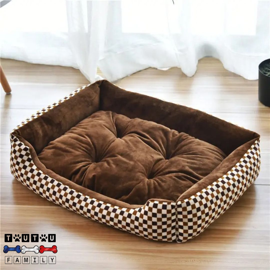 Panier-pour-chien-respirant-avec-un-tissu-imprimé-à-carreaux-marron