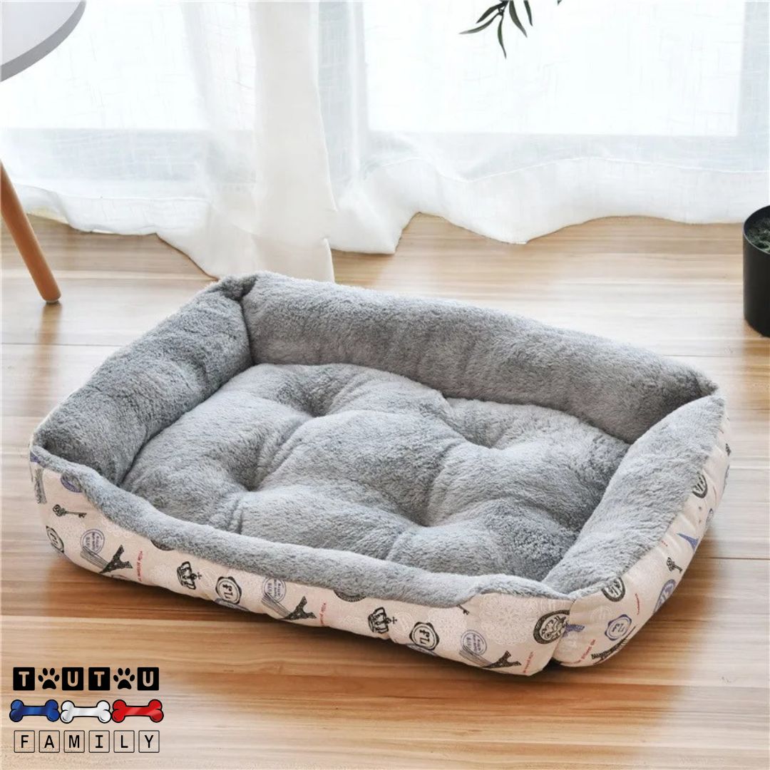 Panier-pour-chien-gris-avec-tissu-imprimé-en-coton-à-l-extérieur