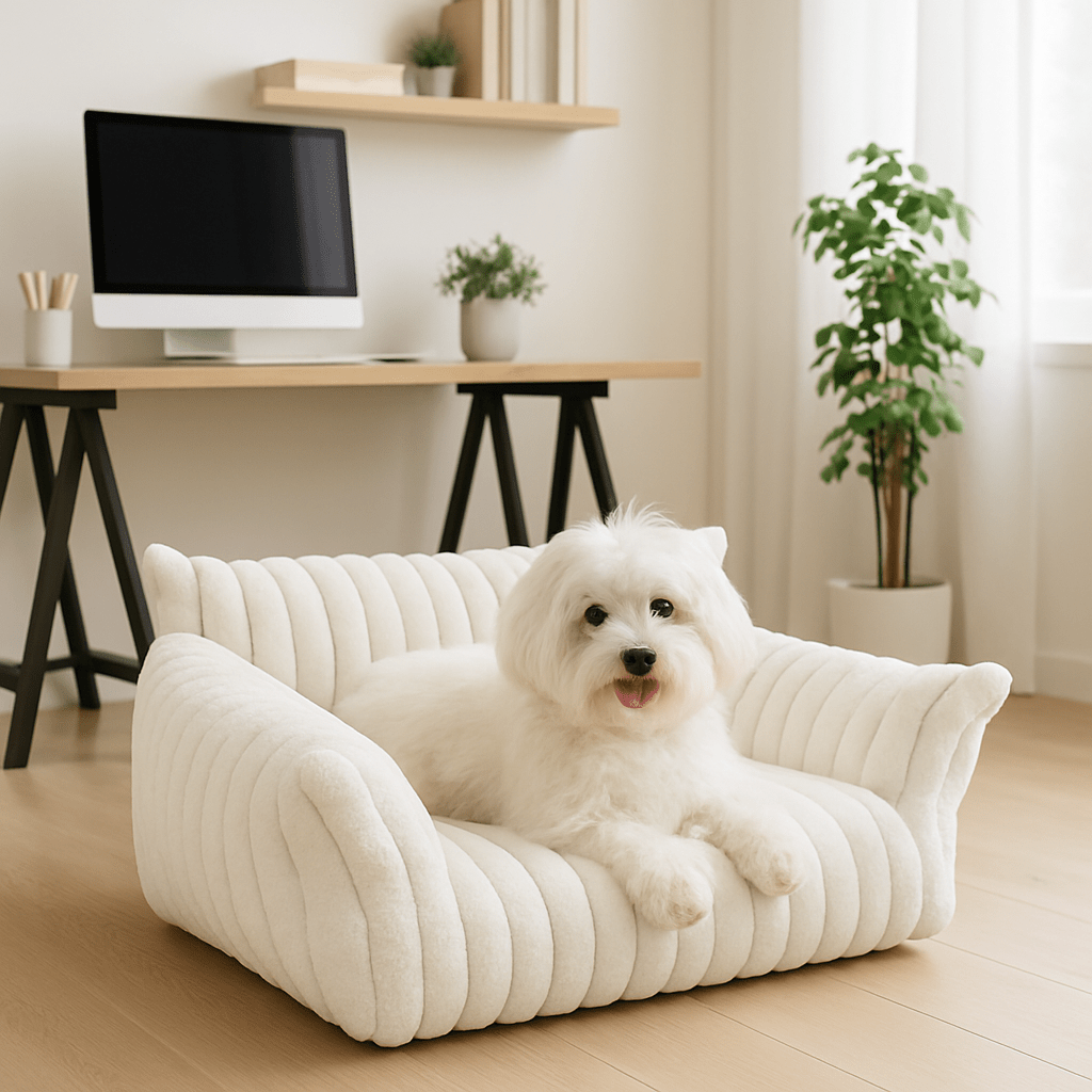 sofa-chien-blanc-un Westie confortablement couché sur le canapé douillet et chaud déhoussable et lavable en machine avec fond antidérapant-revêtement en velours doux et résistant avec rembourrage 100% coton PP-dans le salon de la maison