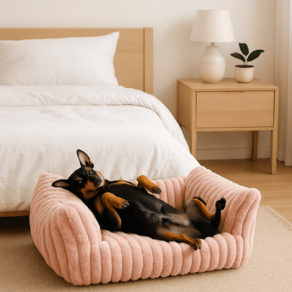 Sofa-petit-chien-canapé lit déhoussable et lavable en machine-un chien nain couché les pattes en l'air que son canapé rose en peluche douce, chaude et résistante rose et antidérapant dans la chambre de l'appartement