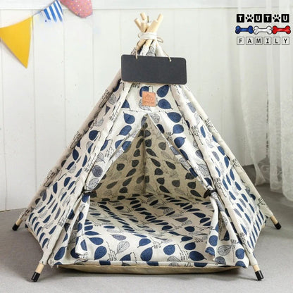 tipi-pour-chien-tente-coton-design-feuille-bleu-et-blanc-nature-avec-sa-pancarte-en-ardoise-personnalisable-au-nom-du-chien-pour-les-petits-chiens-jusqu-à-10kg