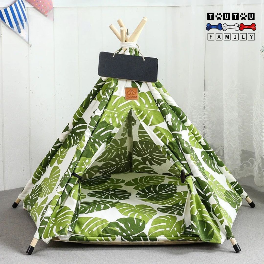 tente-pour-chien-tipi-avec-coussin-toile-légère-respirante-amovible-lavable-en-machine-une-tente-avec-structure-en-bois-de-pin-et-motif-nature-avec-des-feuille-de-rhododendron